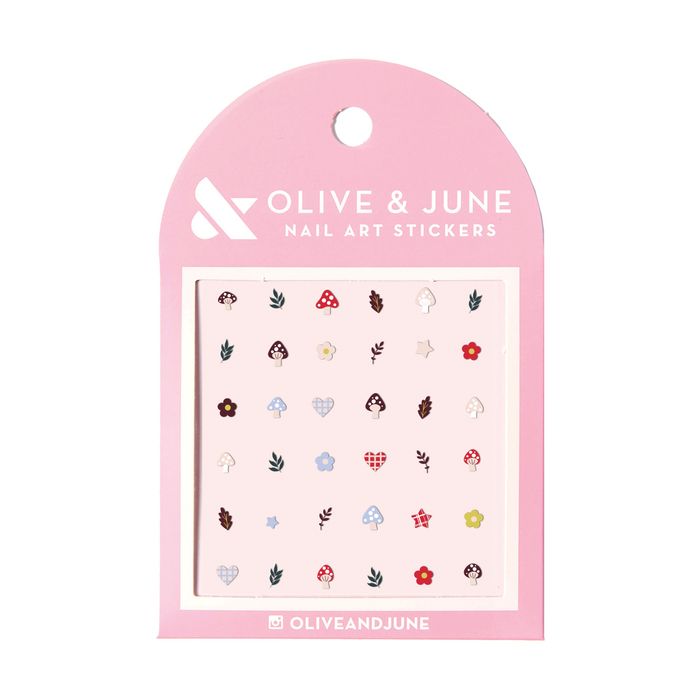 Fall Elements nail art stickers featuring small mushrooms, leaves, and flowers on pastel pink backing from Olive and June