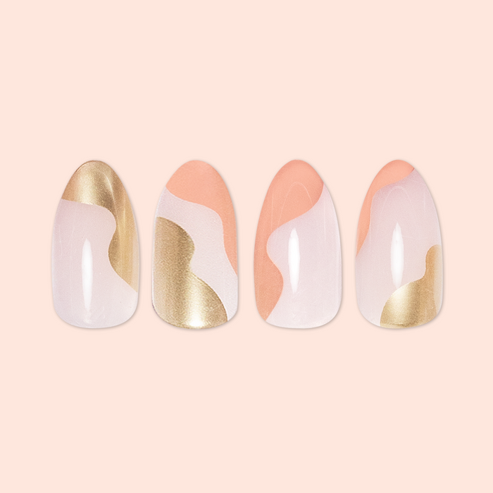 Fall Groovy Swirl - Press-On | Medium | Almond false nails with peach and gold groovy design for an at home mani