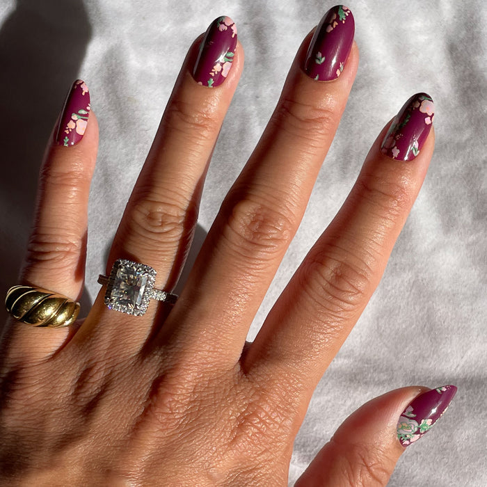 Fall Micro Floral | Oval | Medium press-on nails with a rich berry base and delicate fall floral accents for easy at-home mani