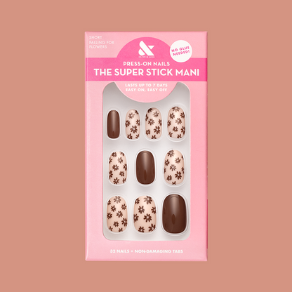Falling for Flowers | Short | Round - Tab Press-On nails with brown floral design and solid brown press-on mani set