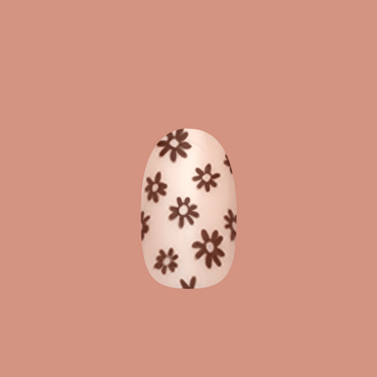 Falling for Flowers | Short | Round - Tab Press-On nail with brown floral pattern on neutral base for an easy at-home mani