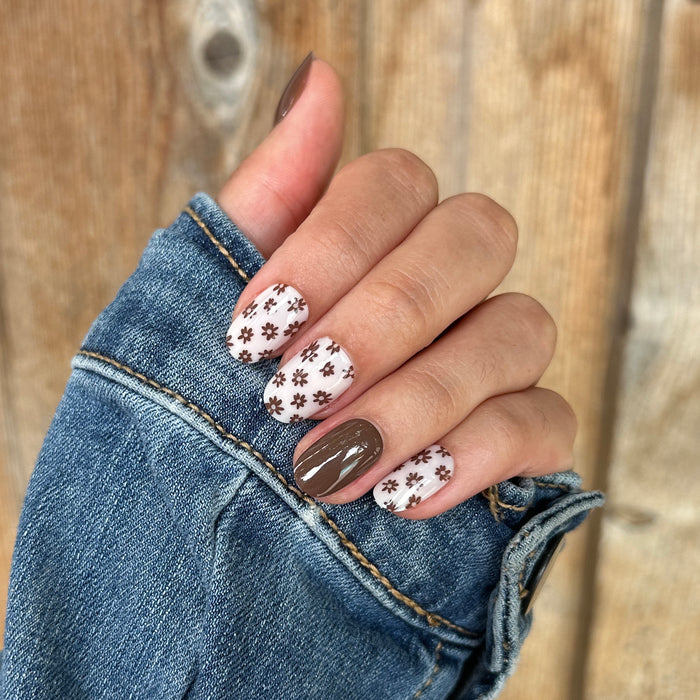Falling for Flowers | Short | Round - Tab Press-On with brown floral and solid taupe nails for a cozy fall mani