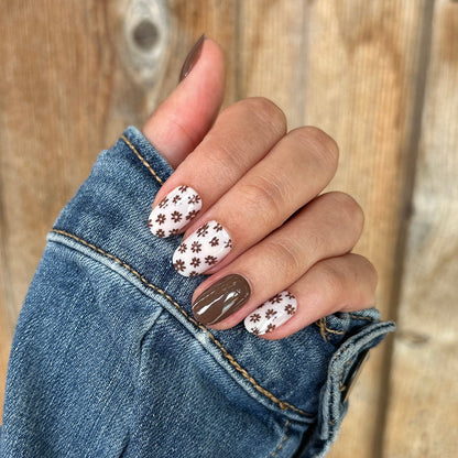Falling for Flowers | Short | Round - Tab Press-On with brown floral and solid taupe nails for a cozy fall mani