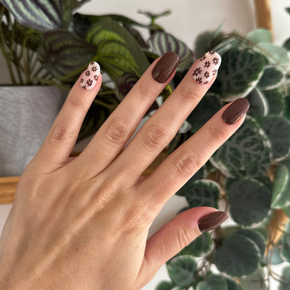 Falling for Flowers | Short | Round - Tab Press-On nails with brown floral and solid deep brown for an easy fall mani