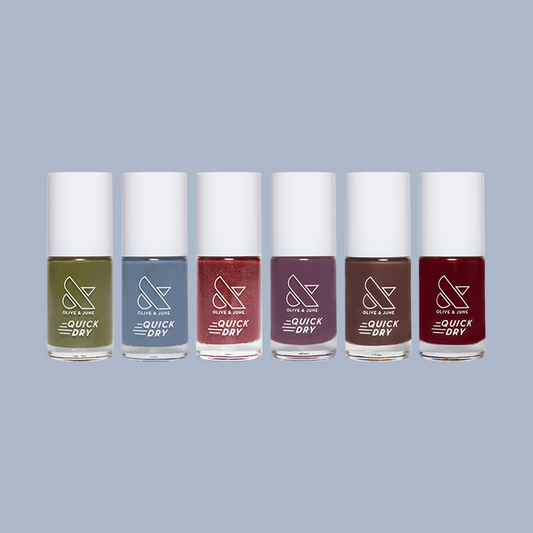 Fall/Winter Bestsellers Quick Dry Set featuring six bestselling quick dry nail polishes in seasonal shades for easy at-home mani