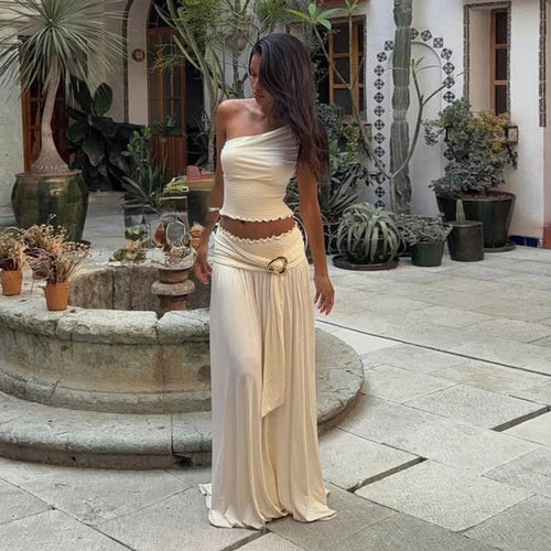 Fashionable Two-Piece Flowy Skirt w/One Shoulder Top Outfit