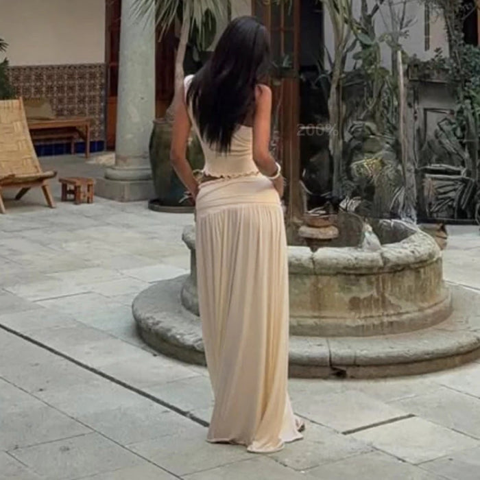 Fashionable Two-Piece Flowy Skirt w/One Shoulder Top Outfit