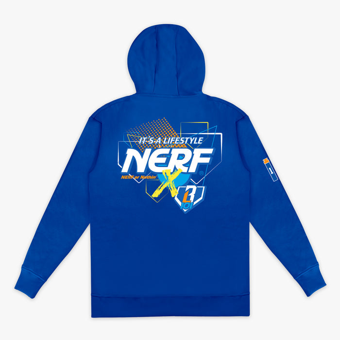 Blue hoodie with NERF X BL101 branding on the back against a white background