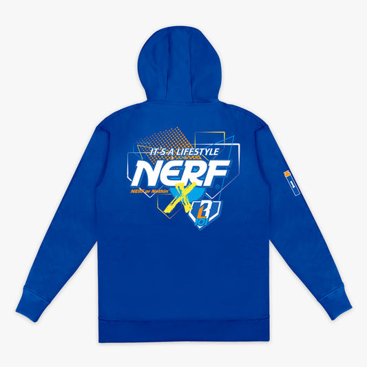 Blue hoodie with NERF X BL101 branding on the back against a white background