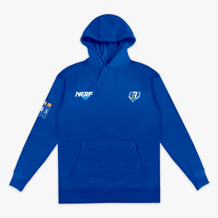 Blue hoodie with NERF X BL101 branding on a white background