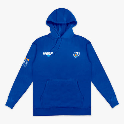 Blue hoodie with NERF X BL101 branding on a white background