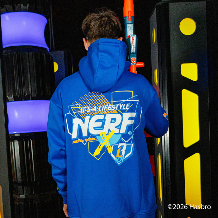 Adult model wearing blue hoodie with “Fastball Frenzy” design