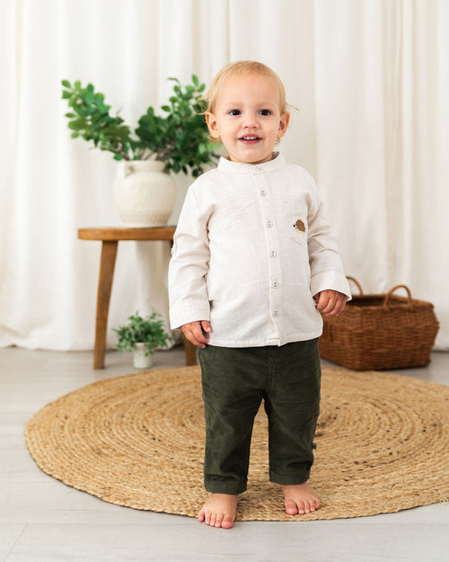 Viverano Felix Hedgehog Embroidered Pocket Baby Shirt & Corduroy Pant Set (Organic Cotton) - Front