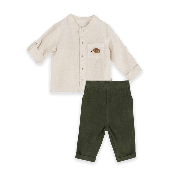 Felix Embroidered Pocket Baby Shirt & Corduroy Pant Set (Organic Cotton) - Cuffed Sleeve Outfit