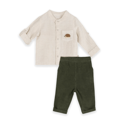 Felix Embroidered Pocket Baby Shirt & Corduroy Pant Set (Organic Cotton) - Cuffed Sleeve Outfit