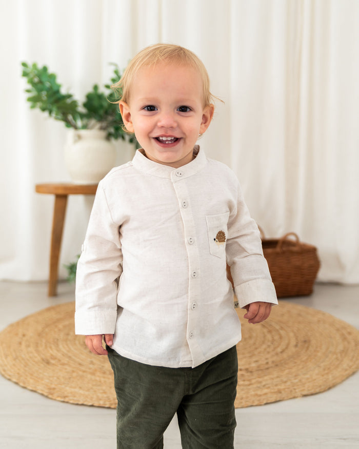 Viverano Felix Hedgehog Embroidered Pocket Baby Shirt & Corduroy Pant Set (Organic Cotton) - Front