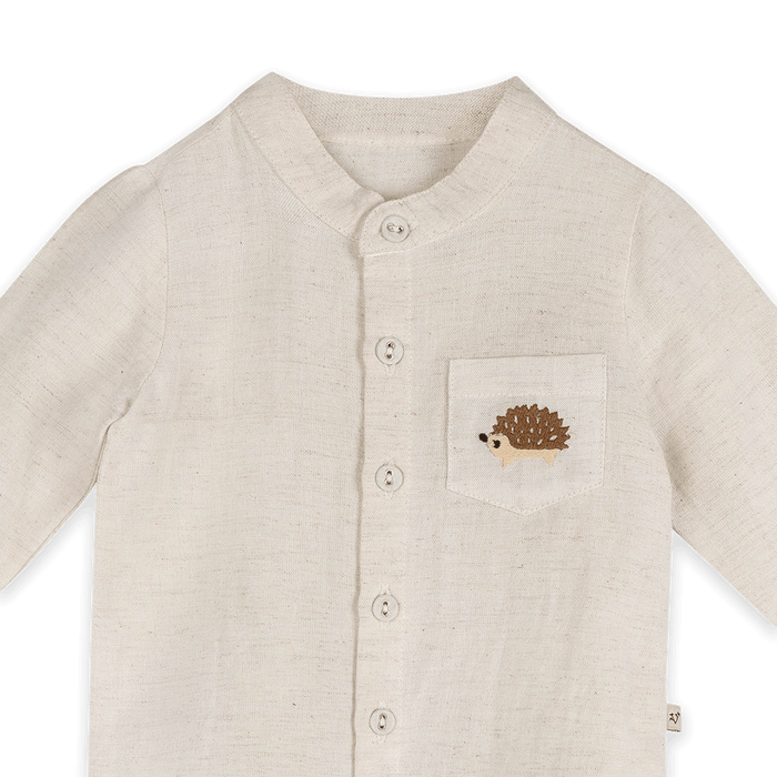 Viverano Felix Hedgehog Embroidered Pocket Baby Shirt & Corduroy Pant Set (Organic Cotton) - Detail