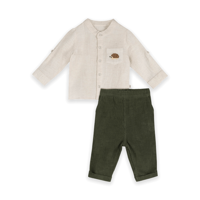Viverano Felix Hedgehog Embroidered Pocket Baby Shirt & Corduroy Pant Set (Organic Cotton) - Outfit