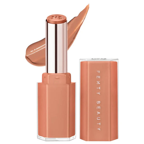 Fenty Beauty Gloss Bomb Stix High-Shine Gloss Stick in two shades, featuring smooth, glossy lips with vibrant color.