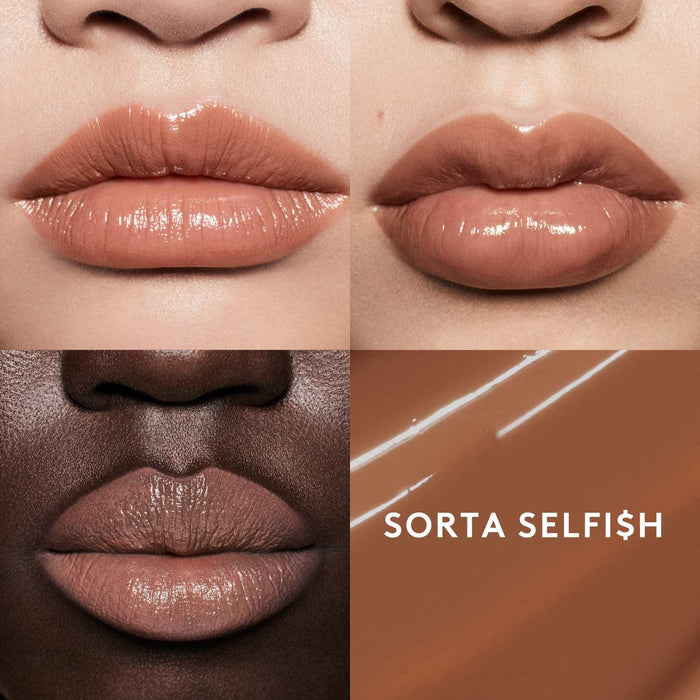 Fenty Beauty Gloss Bomb Stix high-shine gloss stick in various shades, showing smooth, shiny lip color on natural lips.