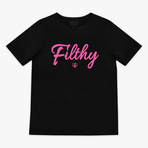 Black and pink Filthy youth graphic tee — front view