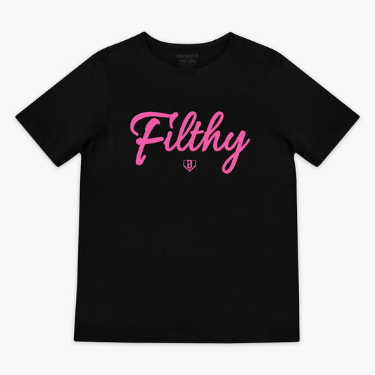Black and pink Filthy youth graphic tee — front view