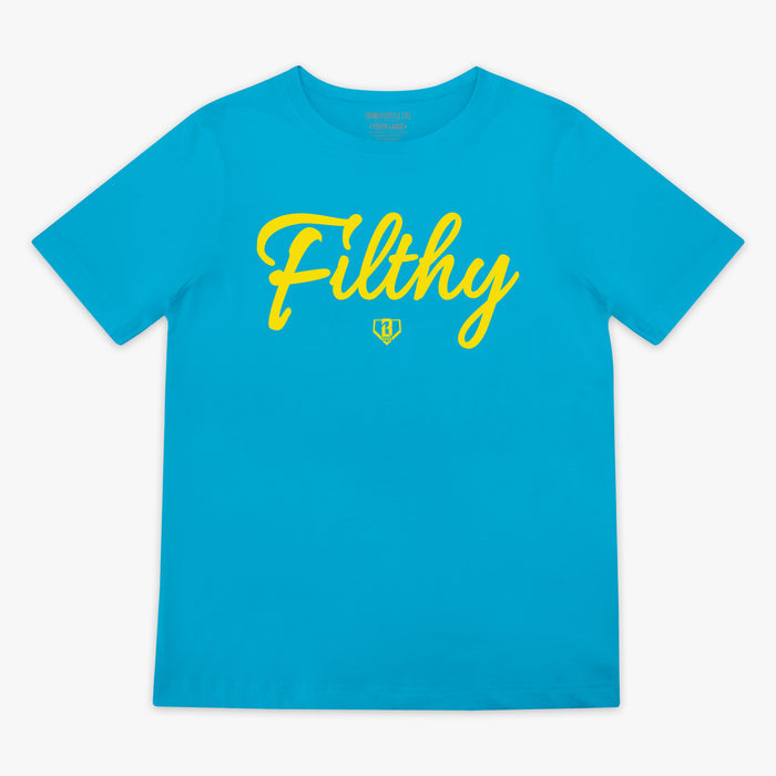 Blue and yellow Filthy youth graphic tee — front view