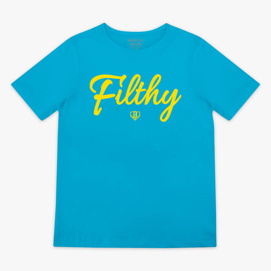 Blue and yellow Filthy youth graphic tee — front view
