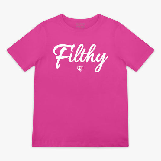 Pink and white Filthy youth graphic tee — front view