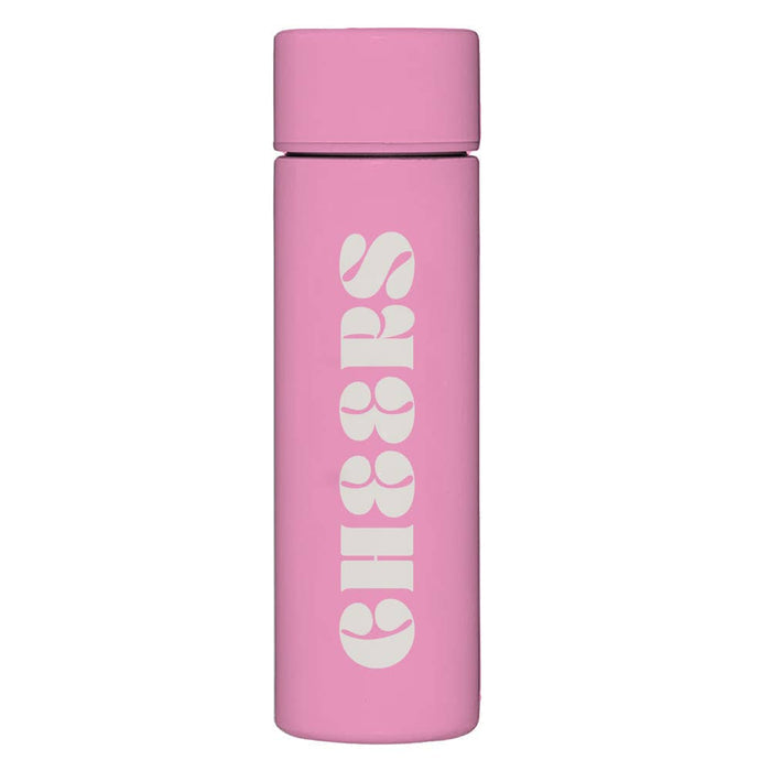 Silver Cheers Flask by Soiree Sisters, sleek stainless steel with engraved Cheers design for stylish carrying of beverages.