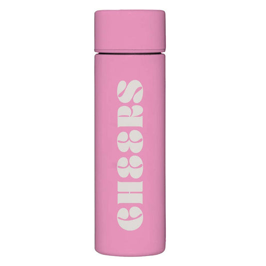 Silver Cheers Flask by Soiree Sisters, sleek stainless steel with engraved Cheers design for stylish carrying of beverages.