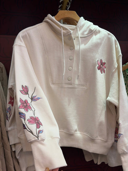 Simply Southern floral embroidery snap front sweatshirt showing colorful floral designs and a classic snap closure.