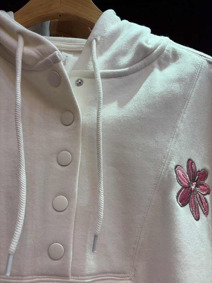 Simply Southern floral embroidery snap front sweatshirt with colorful floral design on soft fabric, front snap closure.