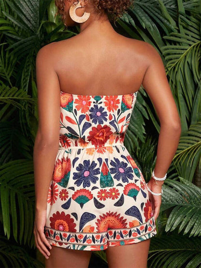 Floral Print Strapless Elastic Waist Romper