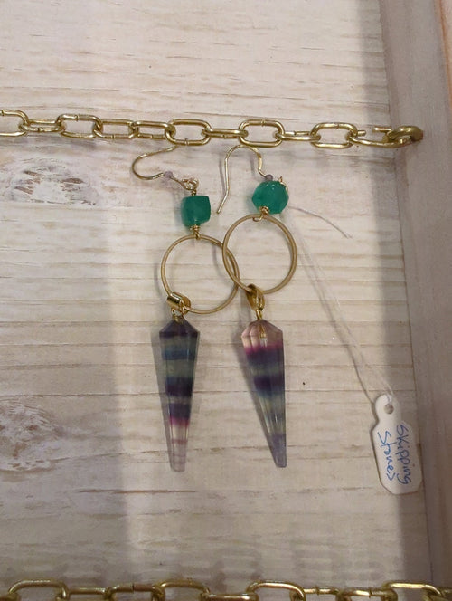 Skpping Stones Jewelry fluorite prism and onyx cube earrings featuring vibrant green and black gemstone accents.