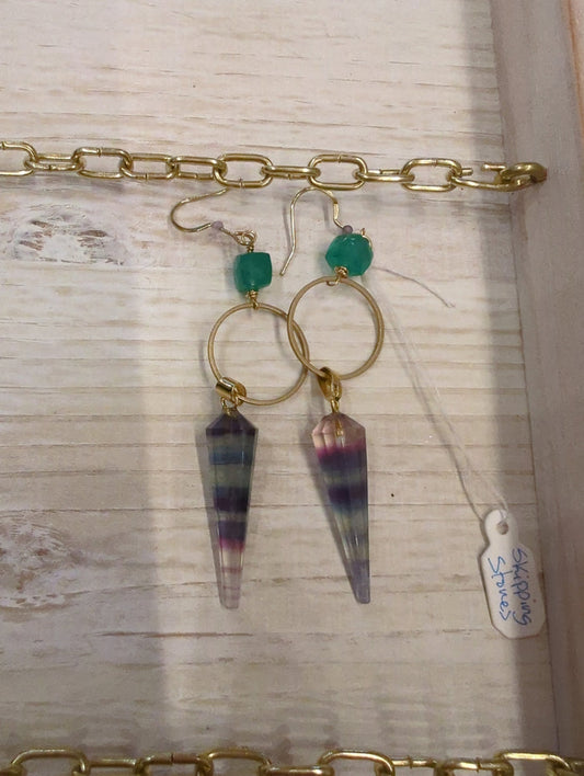 Skpping Stones Jewelry fluorite prism and onyx cube earrings featuring vibrant green and black gemstone accents.