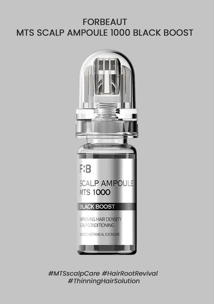 F:B Scalp Ampoule MTS 1000 Black Boost bottle on a gray background