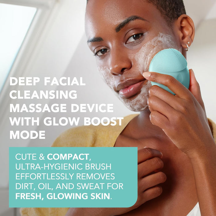 Foreo LUNA mini 3 facial cleansing brush in pink, showcasing the compact, hygienic design for deep skin cleansing.