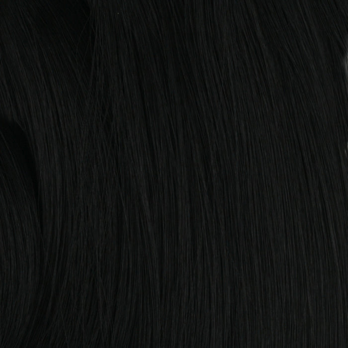 SHAKE N GO black straight hair texture closeup showcasing Freetress Equal drawstring ponytail synthetic