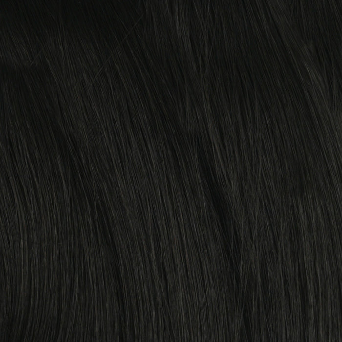 SHAKE N GO Freetress Equal drawstring ponytail straight jet black synthetic hair texture close up for styling