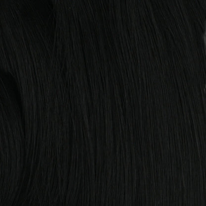 SHAKE N GO Freetress Equal Drawstring Ponytail Puff black straight hair texture closeup for voluminous ponytail