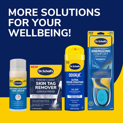 Dr. Scholl's wellbeing products lineup with Freeze Away wart remover kit and other items
