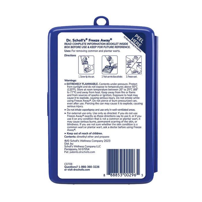 Back label of Dr. Scholl's Freeze Away wart remover package with directions