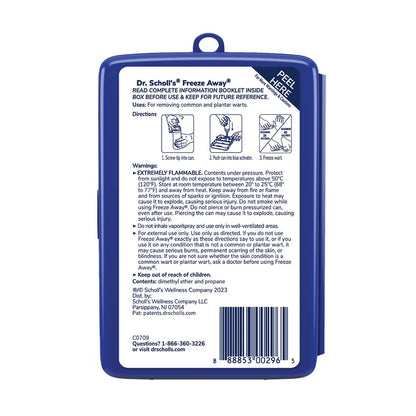 Back label of Dr. Scholl's Freeze Away wart remover package with directions