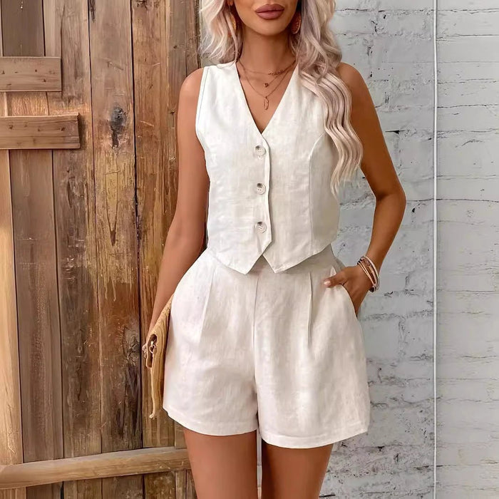 French Style Linen Vest Shorts Set
