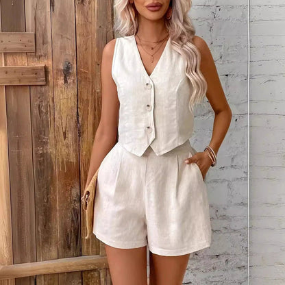French Style Linen Vest Shorts Set