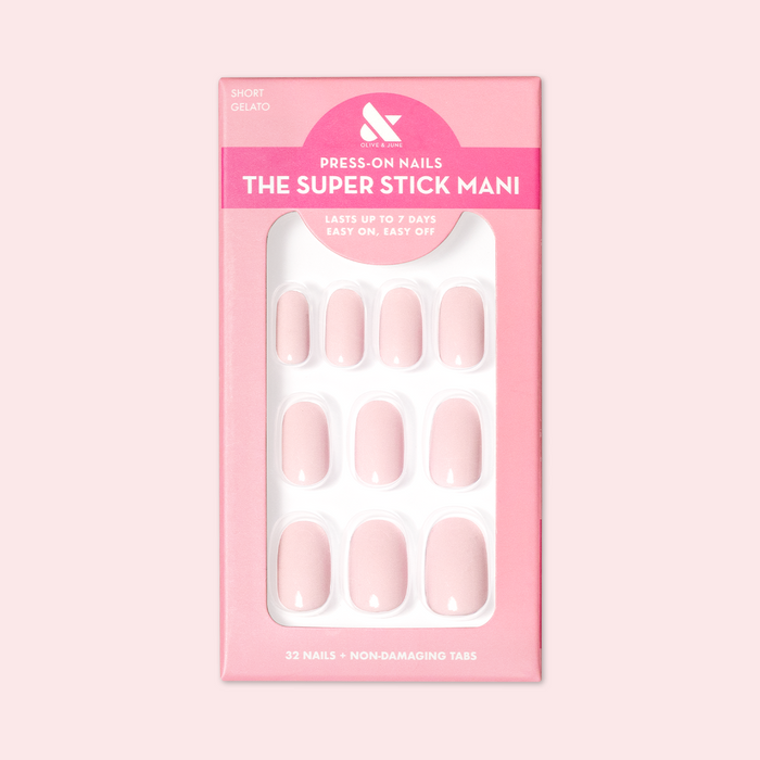 Gelato | Short | Round - Tab Press-On soft baby pink false nails in packaged box for easy at-home manicure
