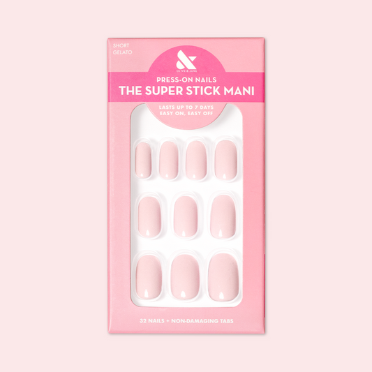Gelato | Short | Round - Tab Press-On soft baby pink false nails in packaged box for easy at-home manicure