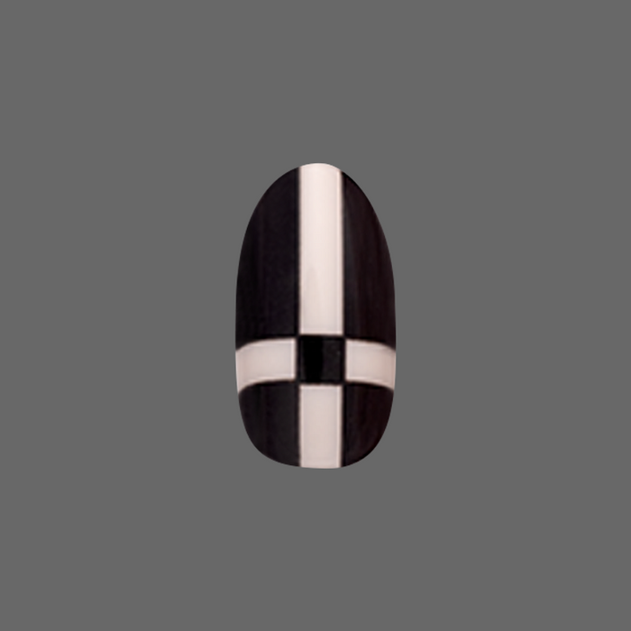 Geometric Plaid | Medium | Oval - Tab Press-On showing a black oval nail with white geometric plaid design for easy at home mani