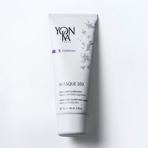 Masque 103 75 ml jar labeled Triple Clay Mask showing Yon-Ka Paris branding and botanical illustrations of thyme lime orange and sage